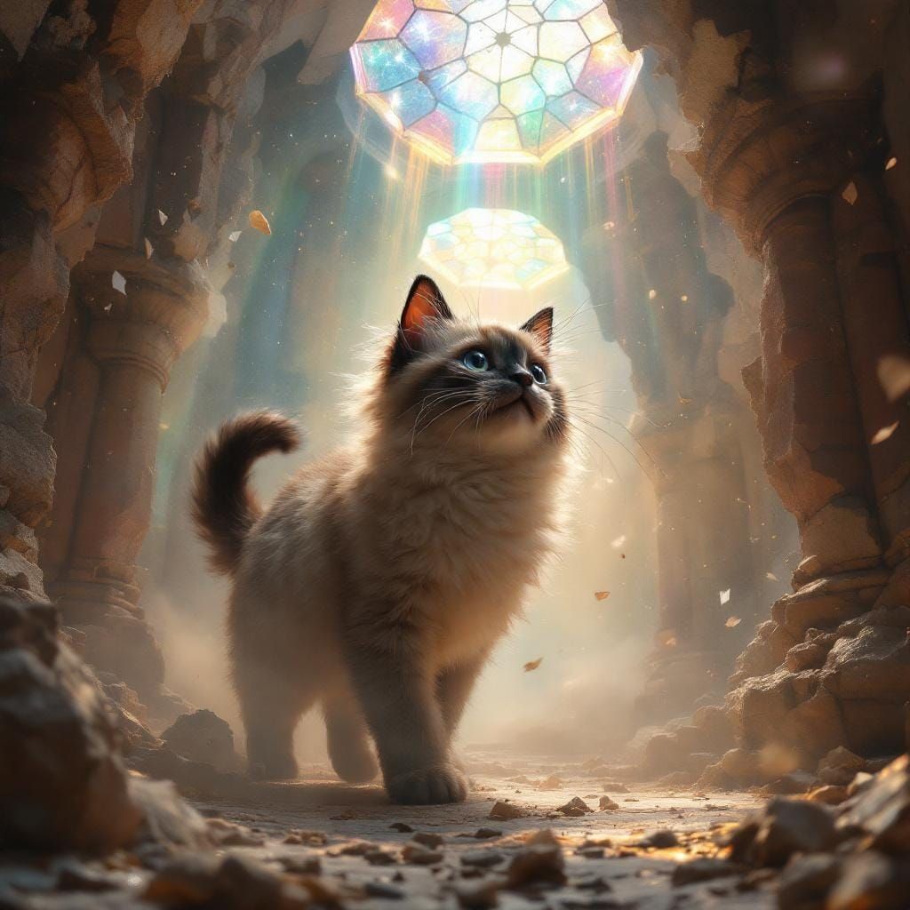 Fluffy Siamese Kitten in Crumbling Marble Sanctum