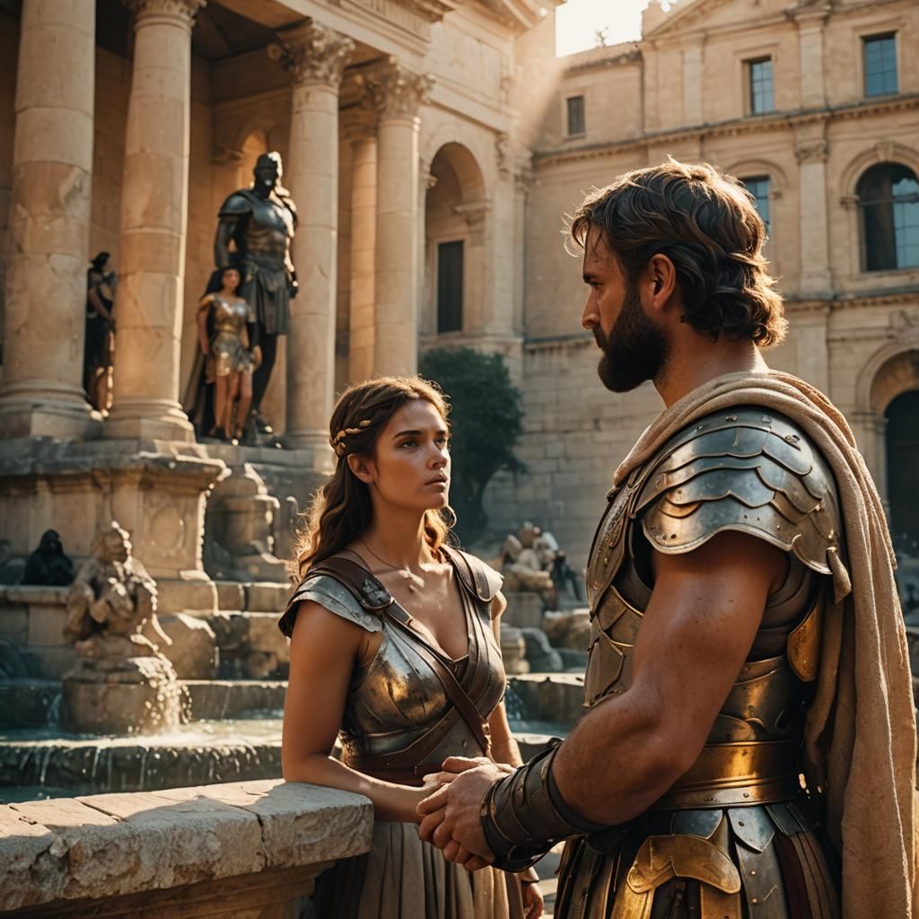 Gladiator and Roman Girl in Golden Hour Lighting