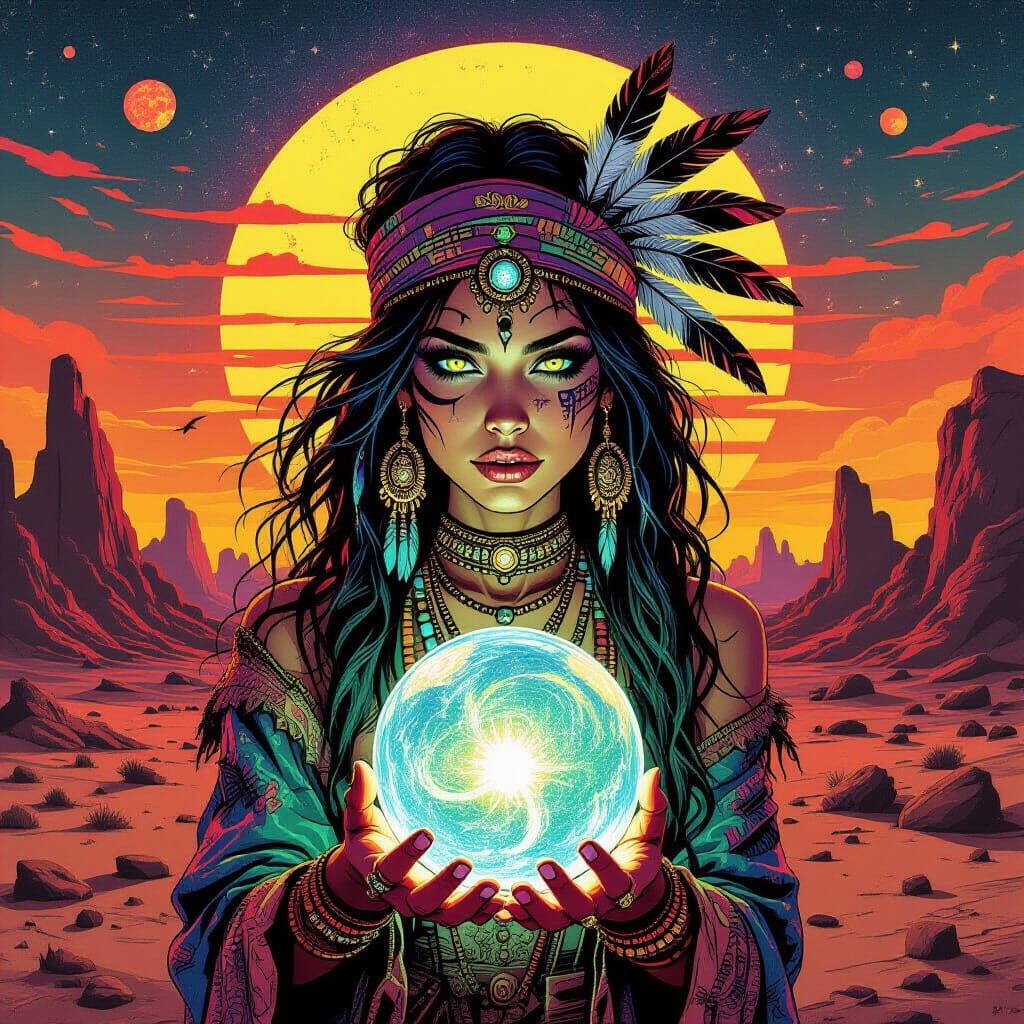 Dystopian Witch with Cosmic Eyes and Crystal Ball