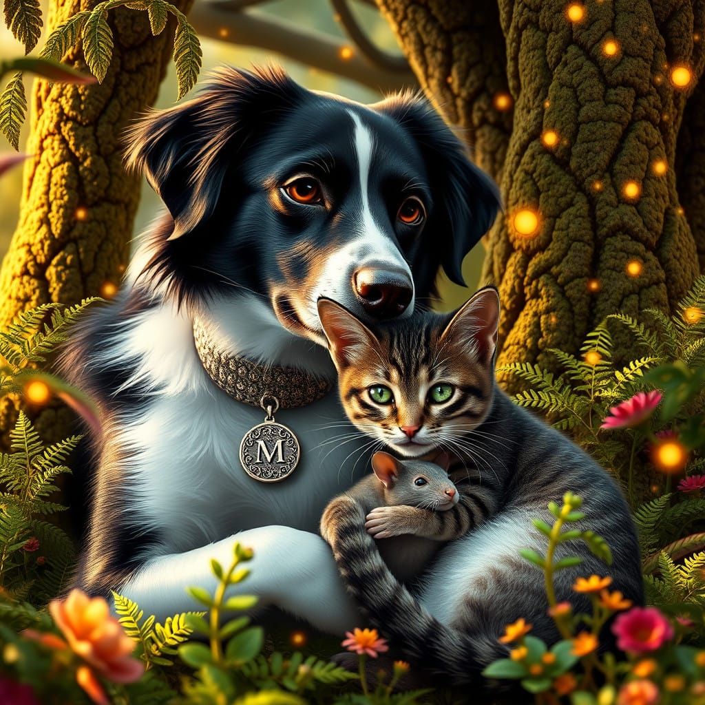 Gentle Border Collie Surrounded by Whimsical Woodland Creatu...