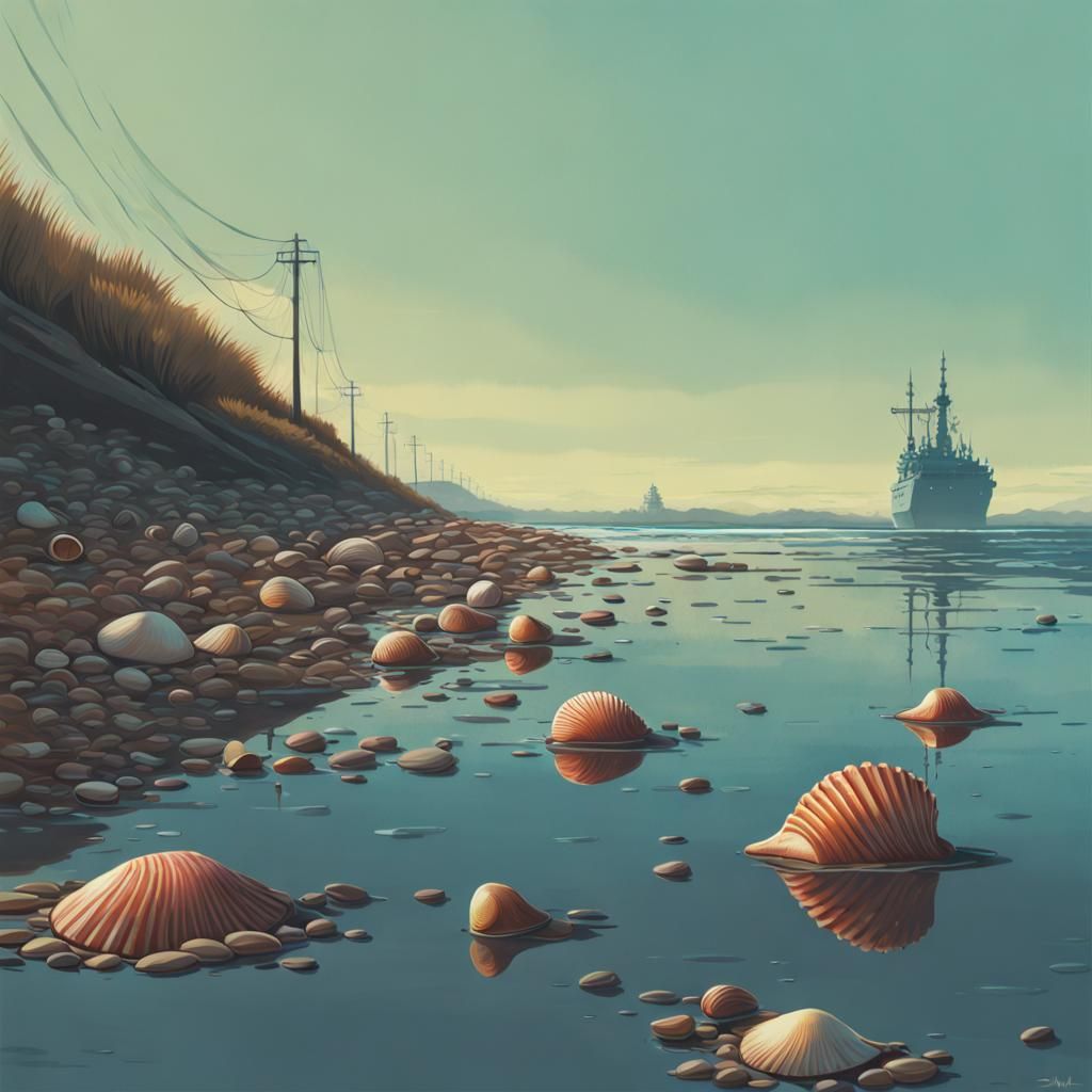 Seascape with Shells in Sci-Fi Steampunk Style