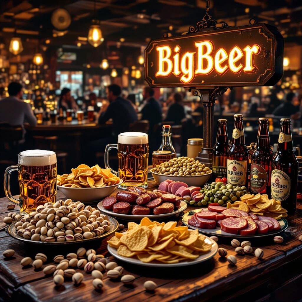 Realistic Beer and Snacks on Wooden Table