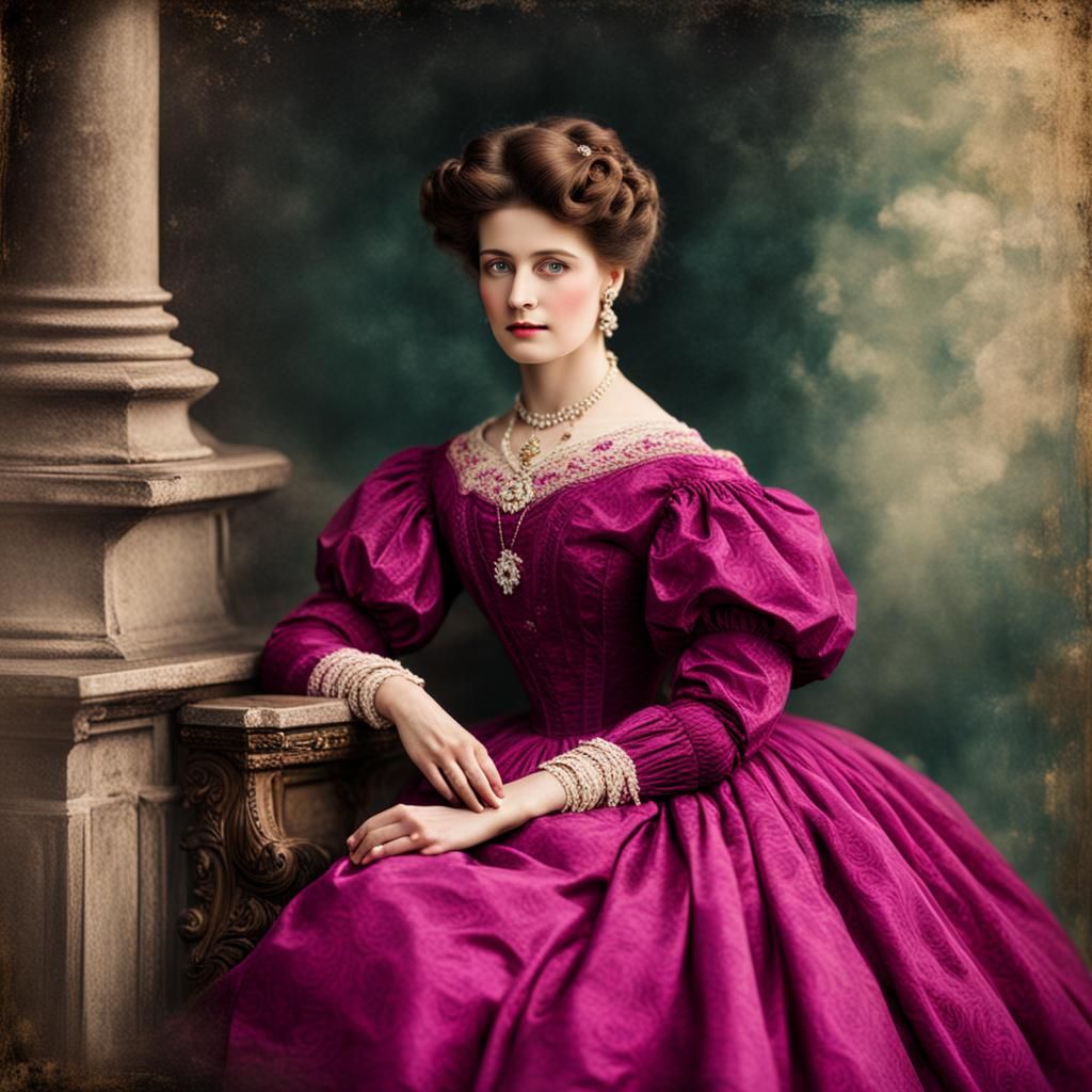 Elegant Brown-Haired Lady in Magenta Gown, 1900s Style