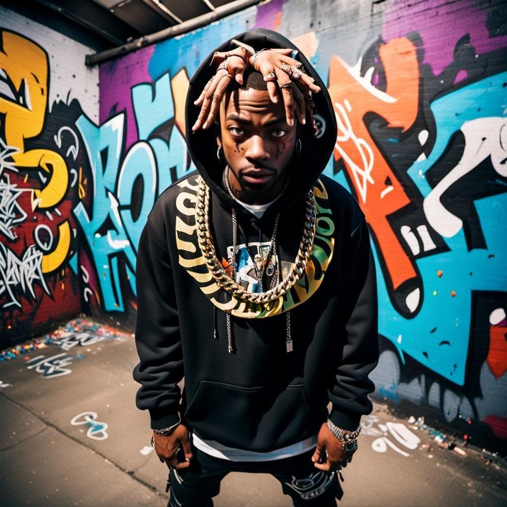 Rapper in Fortnite Art Style with Graffiti Background