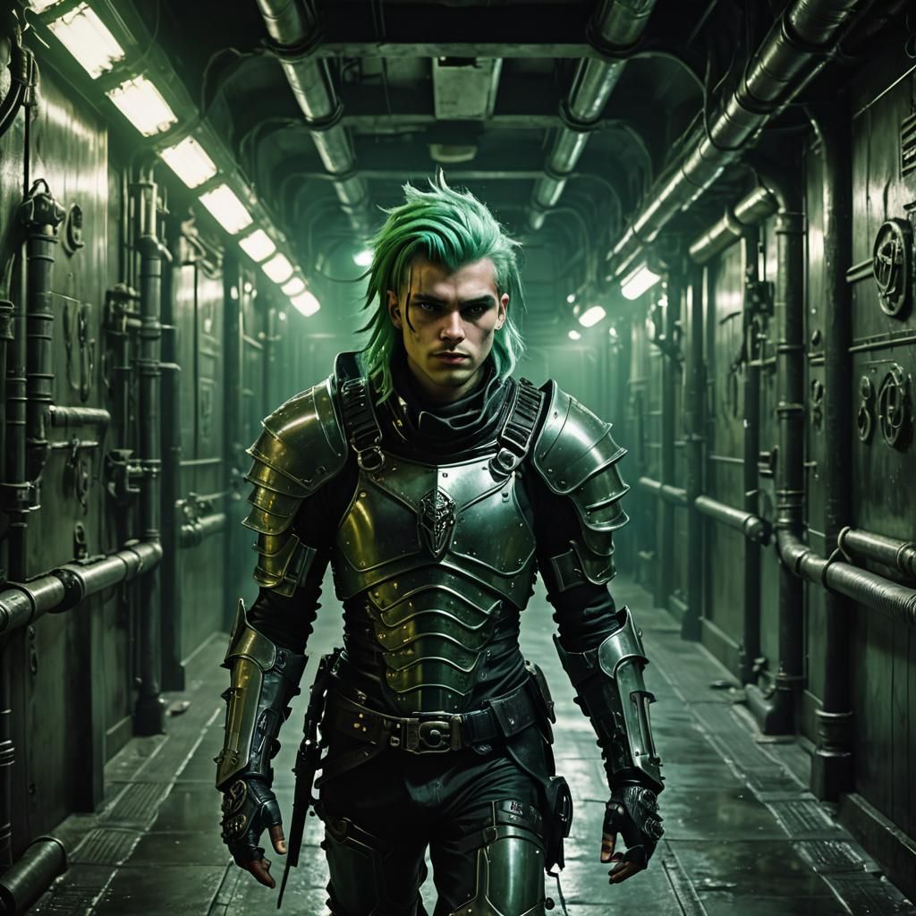 Techno-Fantasy Warrior in Sci-Fi Cityscape