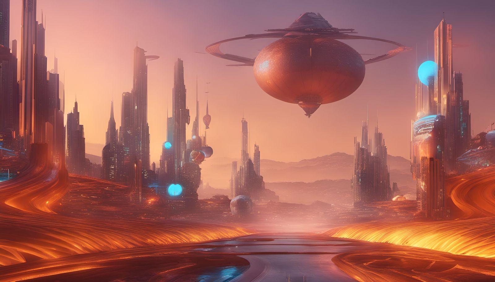 Hyperrealistic Cyberpunk Cityscape with Geometric Fractals