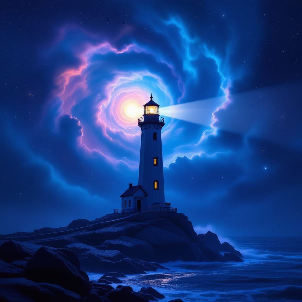 Lighthouse in Cosmic Nebula, Hyperrealistic Digital Painting