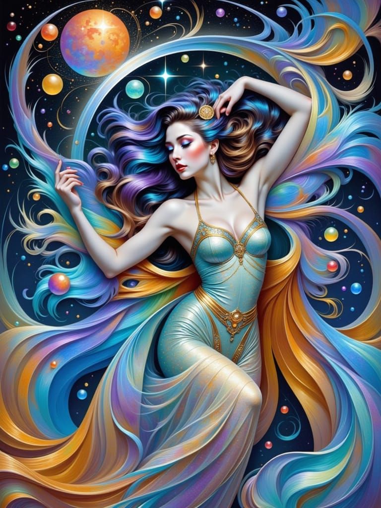Rainbow Goddess on Iridescent Wave, Art Nouveau Airbrush