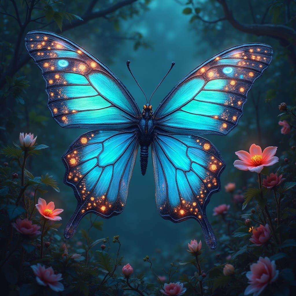 Bioluminescent Butterfly in Surreal Alien Jungle