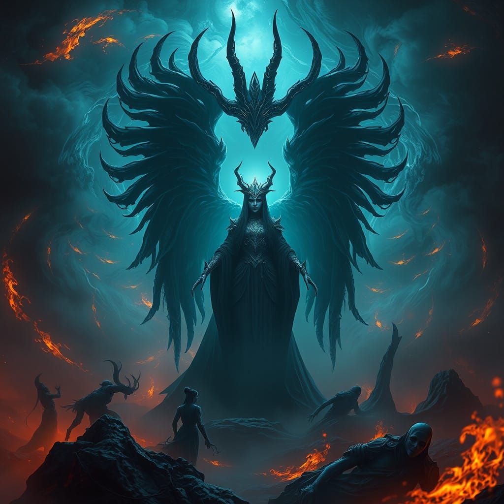 Regal Goddess Hel in Swirling Shadows, Fantasy Concept Art