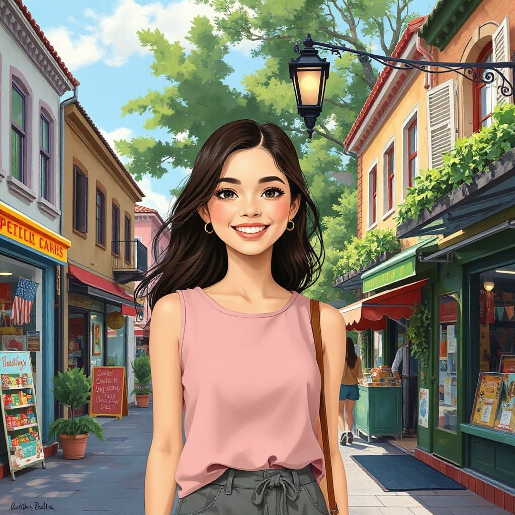 Young Woman Walks Down a Vibrant City Street in French Impre...