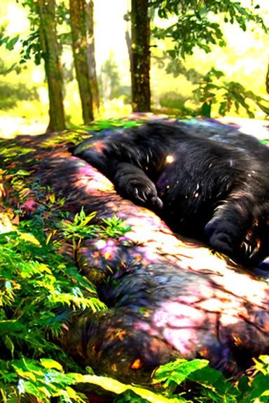 Scarred Black Bear Asleep in Forest: Hyperrealism