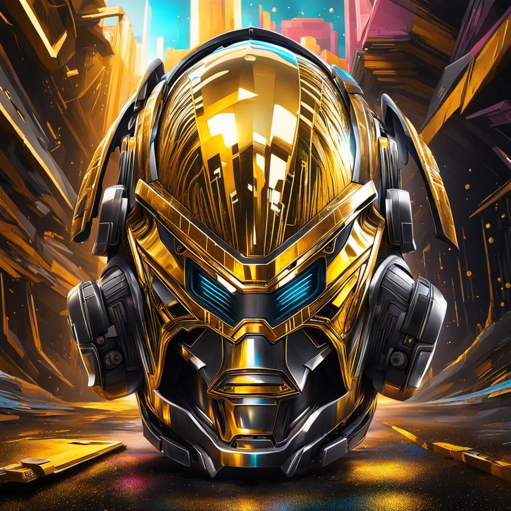 Golden Futuristic Space Helmet in Graffiti Art Style