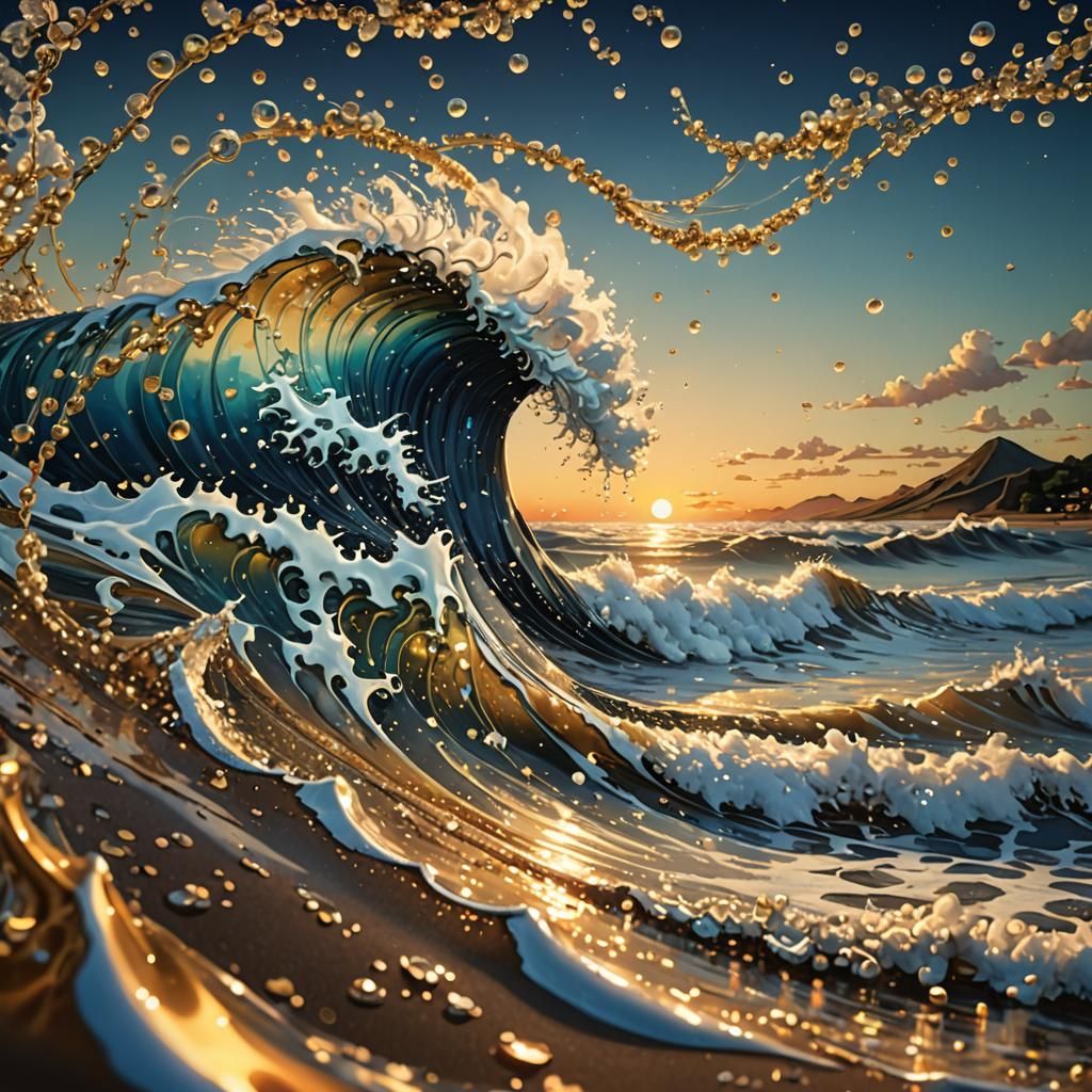 Golden Hokusai Wave in Surreal Digital Art Style