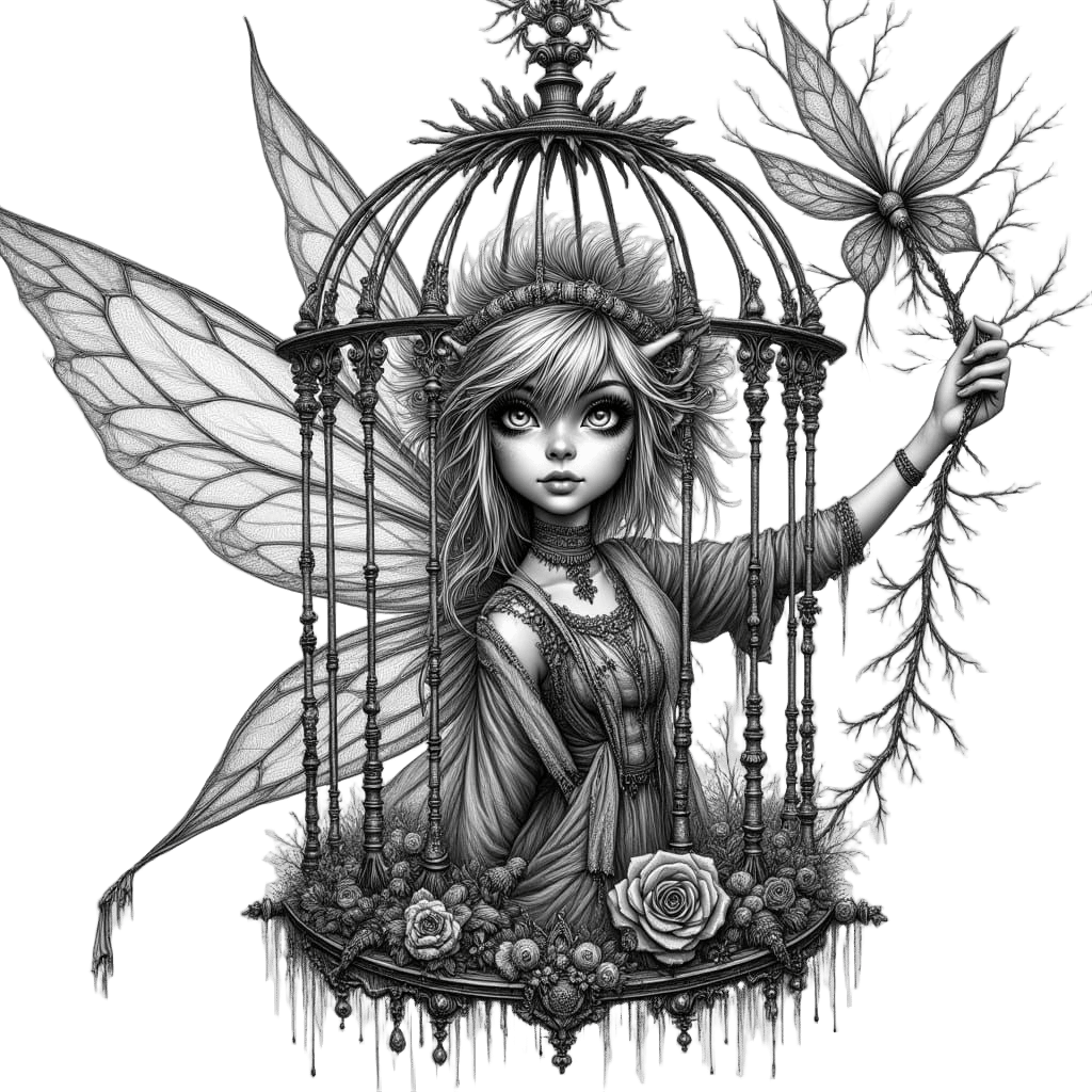 Post-Apocalyptic Tinkerbell in Birdcage: Charcoal Drawing