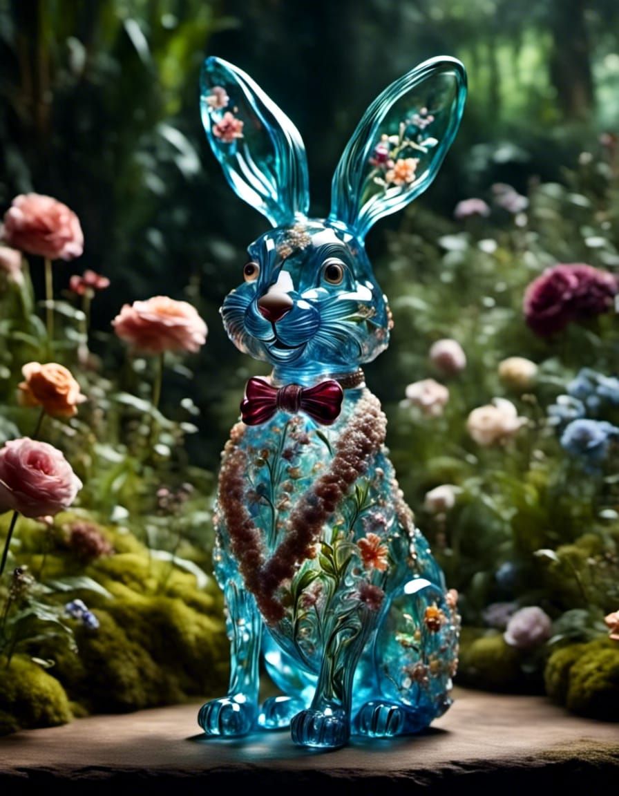 Glass Art Rabbit Sculpture in Flowery Garden