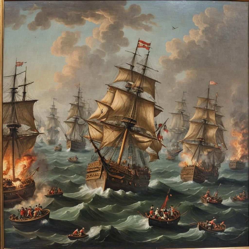 18th Century, Naval Battle Scene, oil on canvas