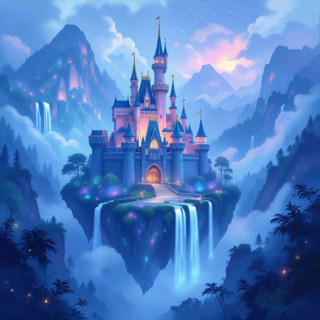 Majestic Castle on Floating Island in Watercolor Style