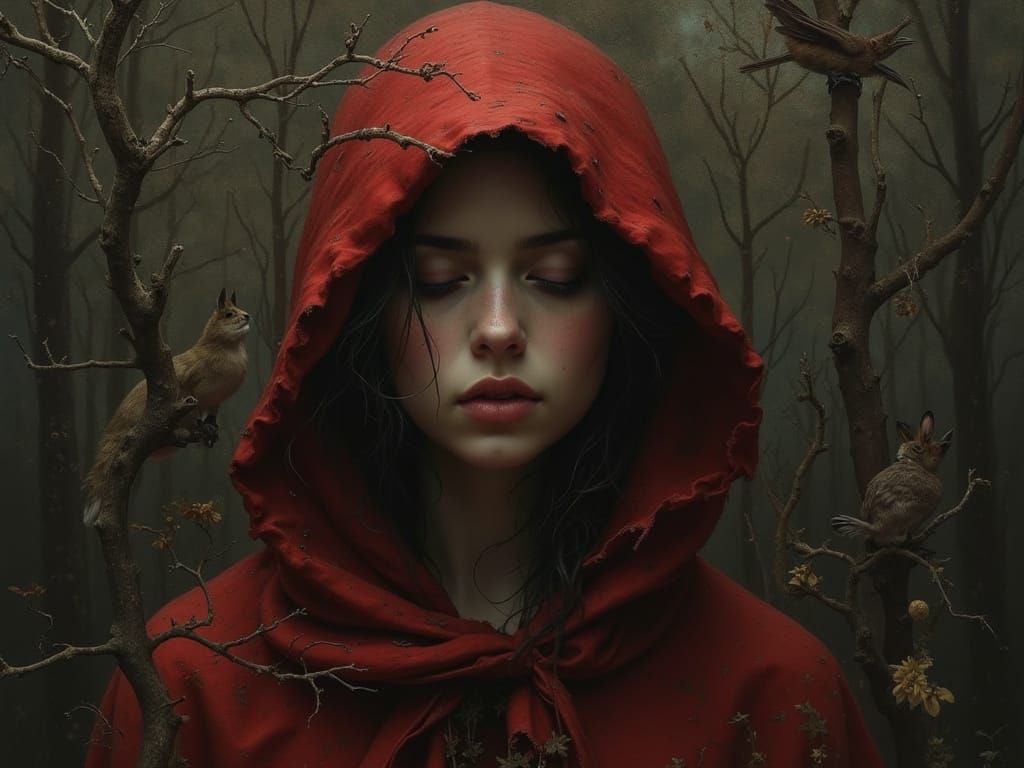 Ethereal Portrait of Mature Little Red Riding Hood in Forest