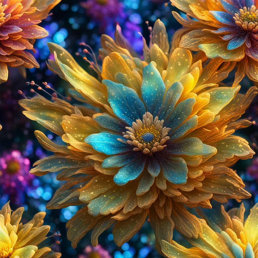 Iridescent Fantasy Flowers in Liquid Gold Crystal