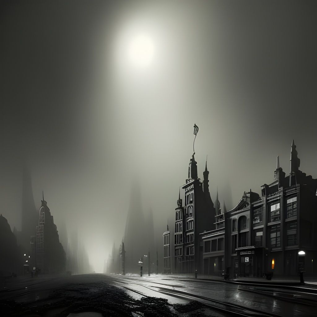 Monstrous City in Dense Fog, Detailed Concept Art