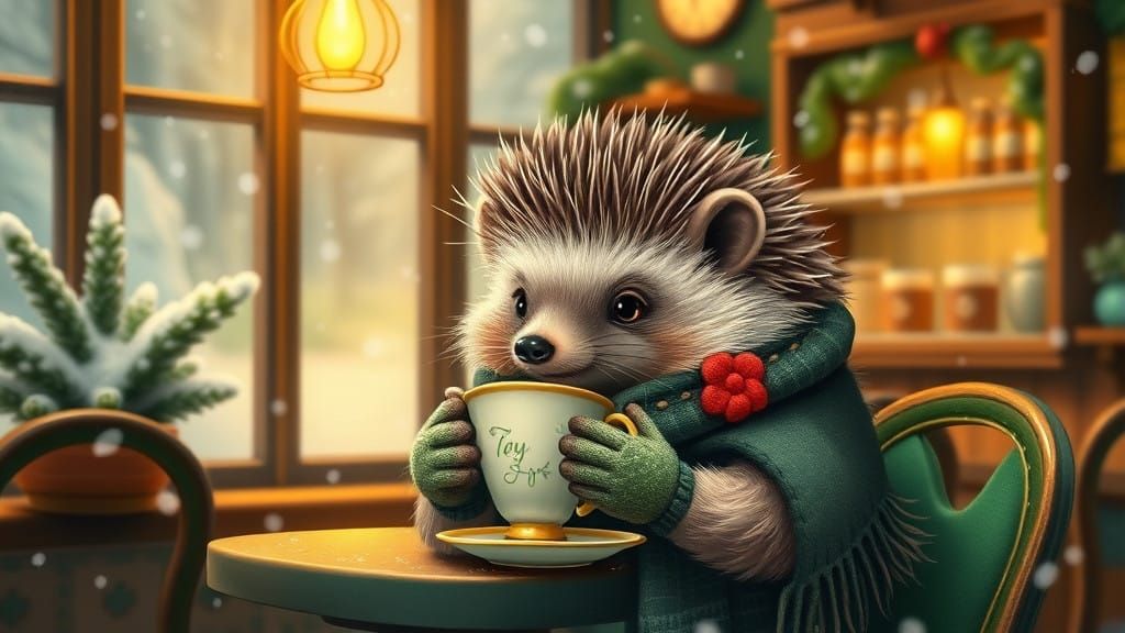 Whimsical Hedgehog Sips Tea in Snowy Cafe
