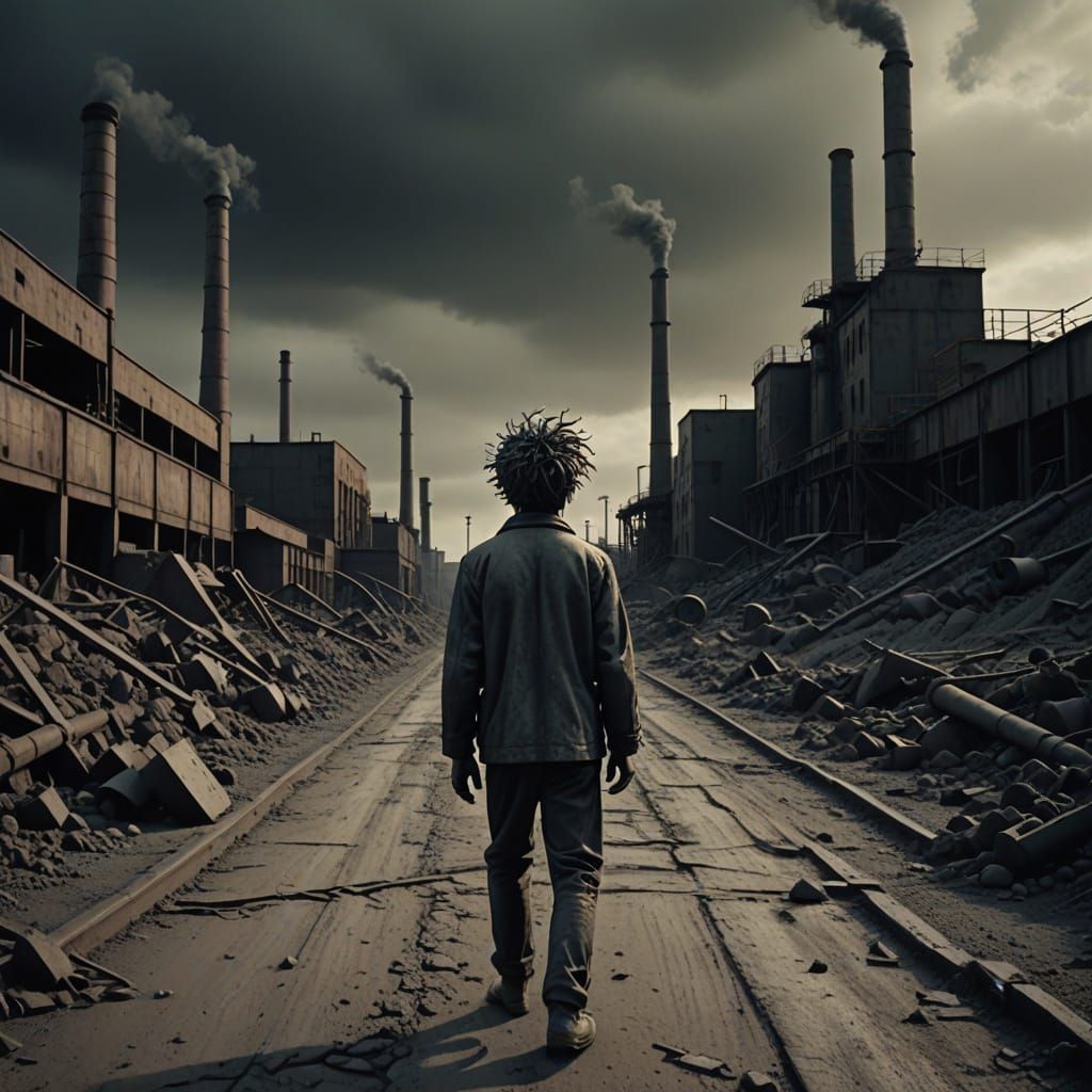 Claymation Man in Desolate Industrial Landscape