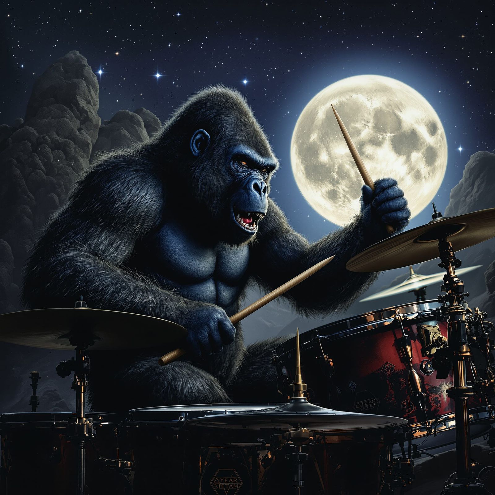Gorilla Drumming to Heavy Metal Under Full Moon