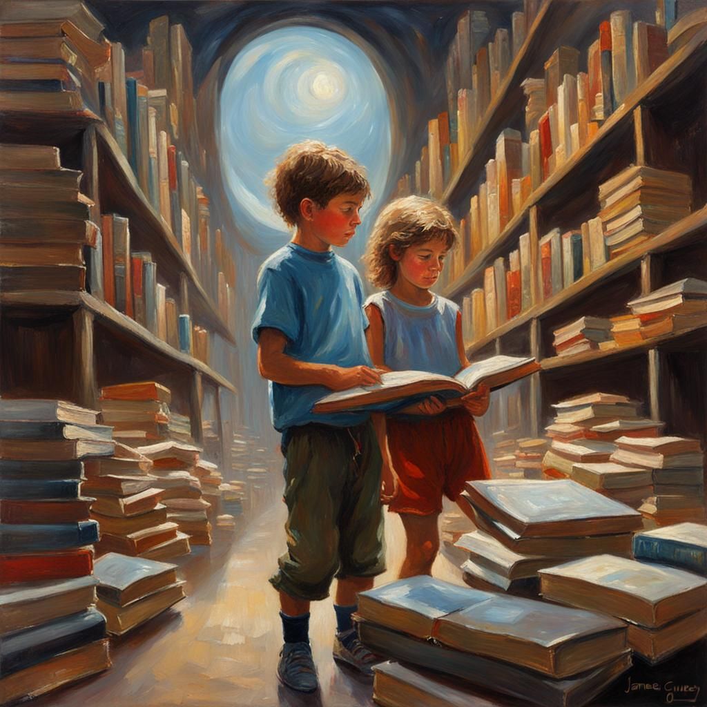 Boy and girl in the future with Books