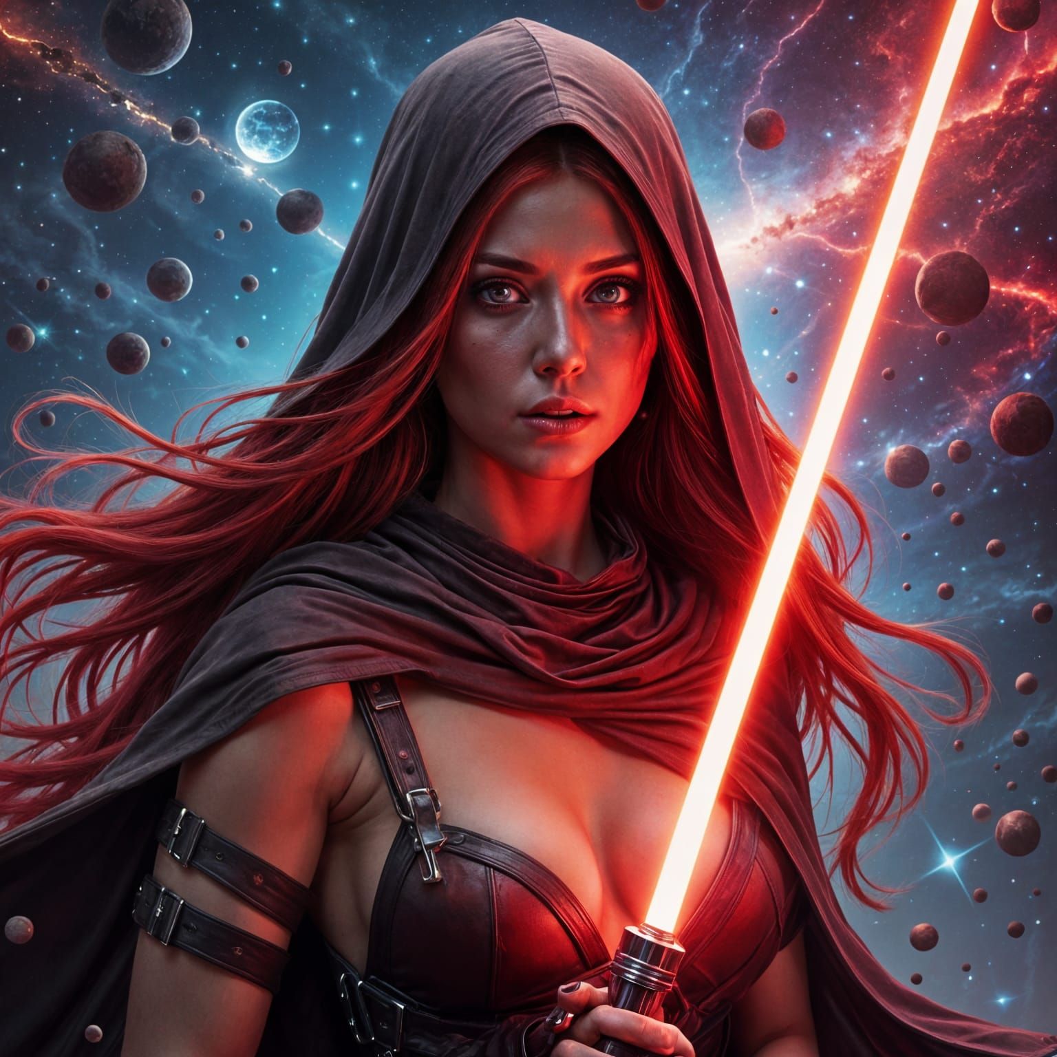 Lady Sith with Lightsaber in Cosmic Setting