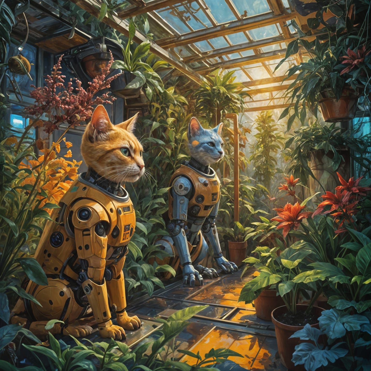 Vibrant Cosmic Greenhouse with Robot Guardians in Triadic Hu...