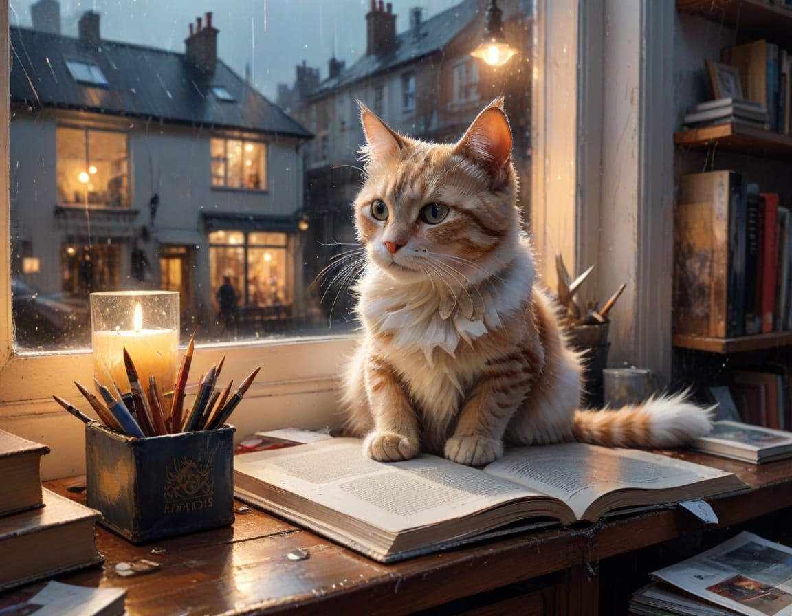 Cozy Bookshop on Rainy Day in Watercolor Style