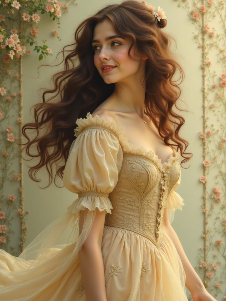 Elegant Victorian Lady in Delicate Lace Gown