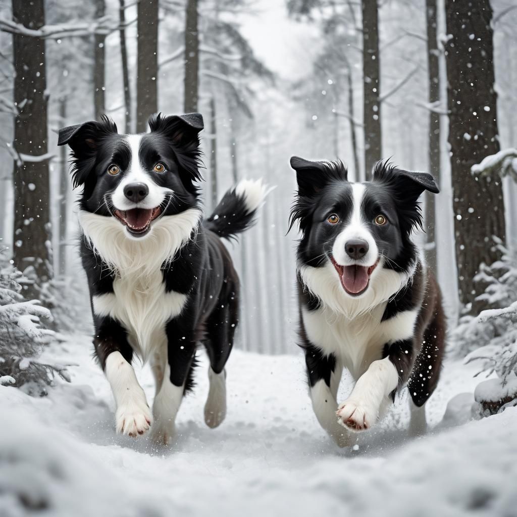 Playful Border Collies in Snowy Forest: Cartoon Illustration