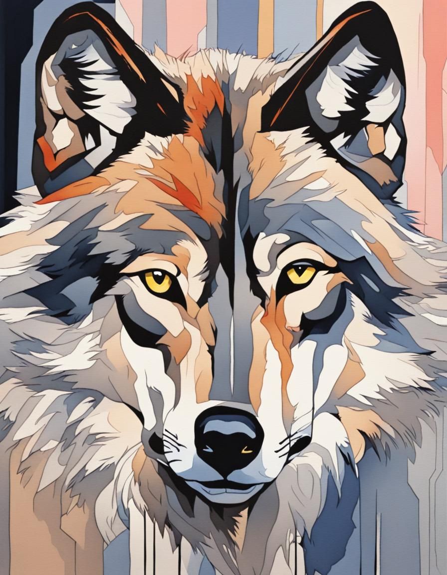 Wolf Portrait in Watercolor Gouache Style