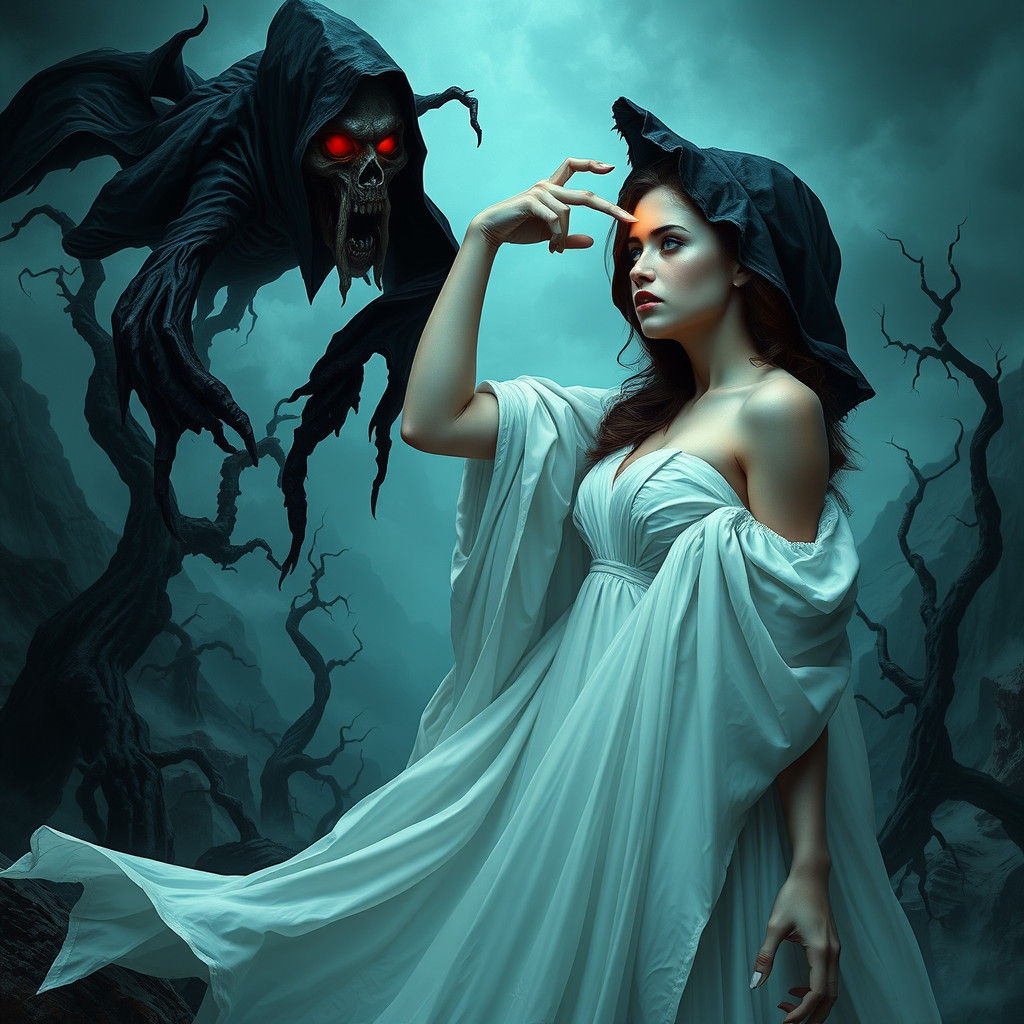Terrified Woman and Dementor in Dark Fantasy Style