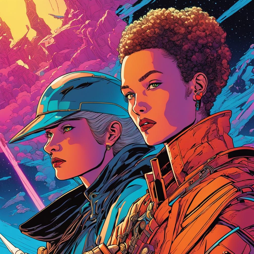 Empowering Sci-Fi Women with Swords in Comic Book Style