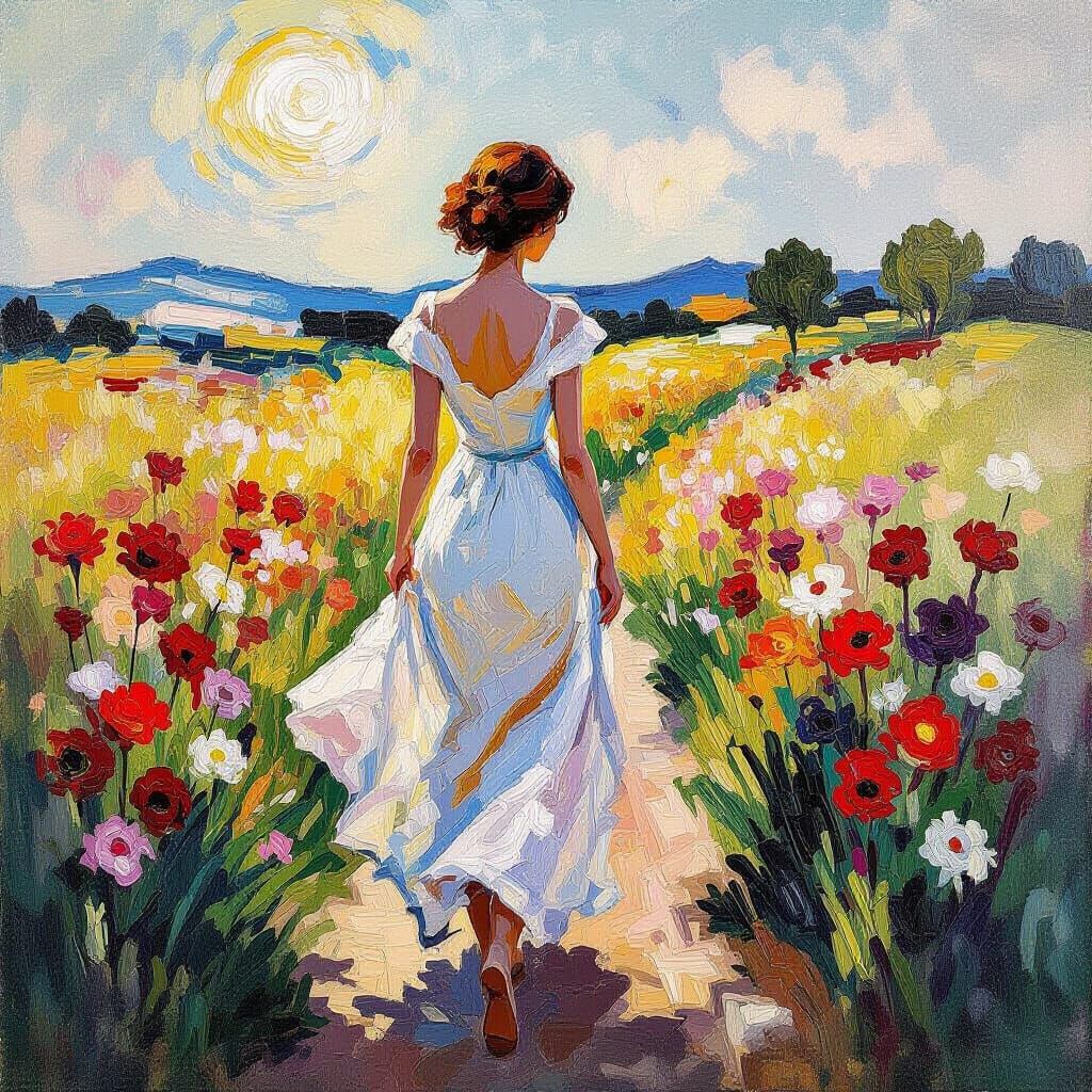 Vibrant Woman Among Blooming Flowers in Neo-Impressionist St...