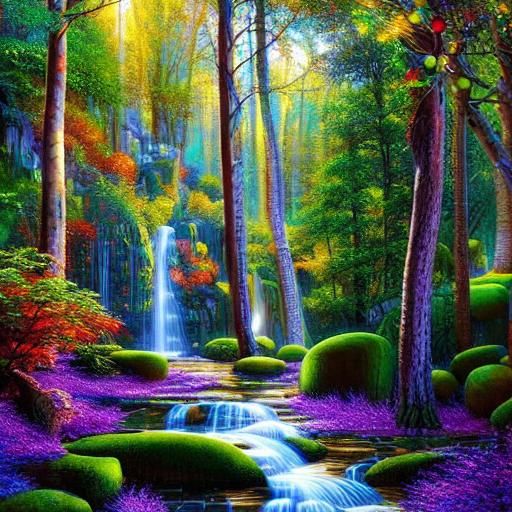 Gemstone Mosaic Waterfall Path in Detailed Wood