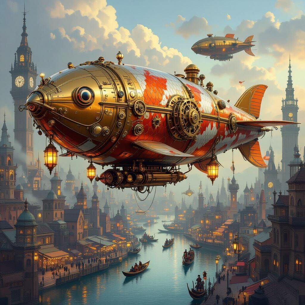 Steampunk Koi Fish Airship Over Metropolis