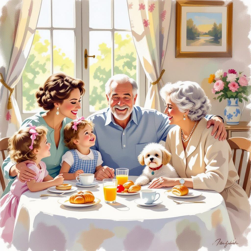 Cozy Family Breakfast in Soft Pastel Anime Style