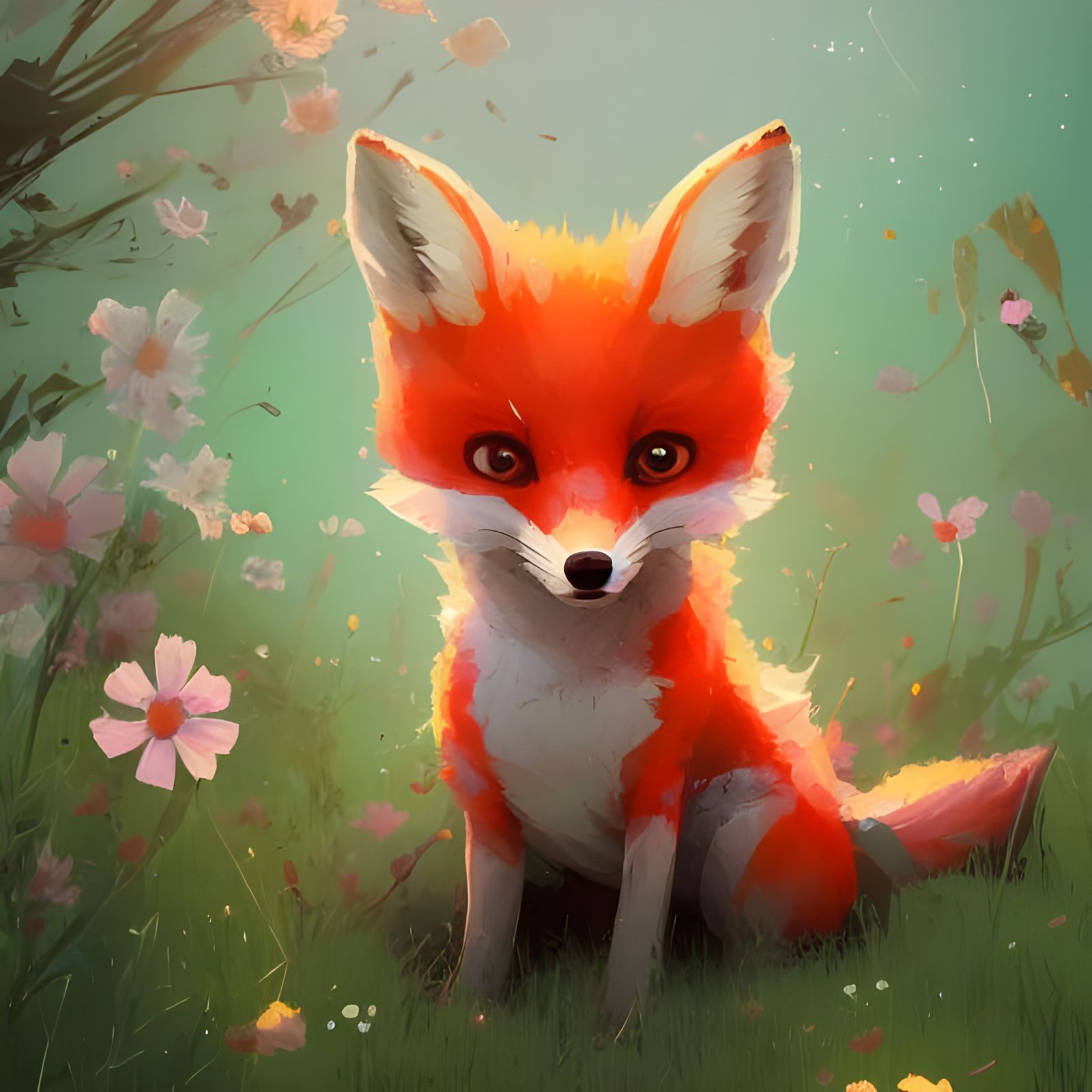 Cute Fox in Flower Meadow Digital Illustration