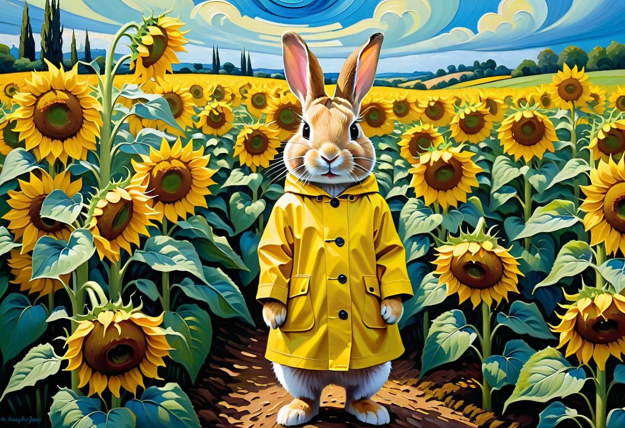 Rabbit in Sunflower Field: Expressionist Oil Painting