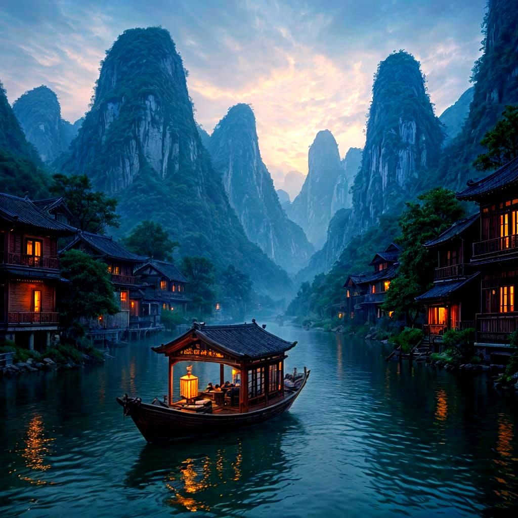 Chinese Boat on Misty River with Karst Mountains and Lantern...