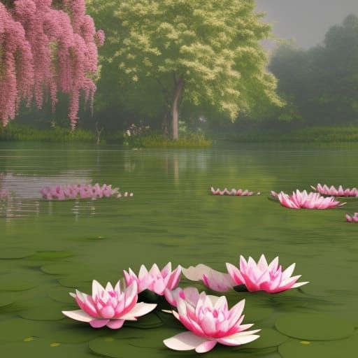 Blossom Tree with Lotus Flowers: Hyperdetailed Concept Art