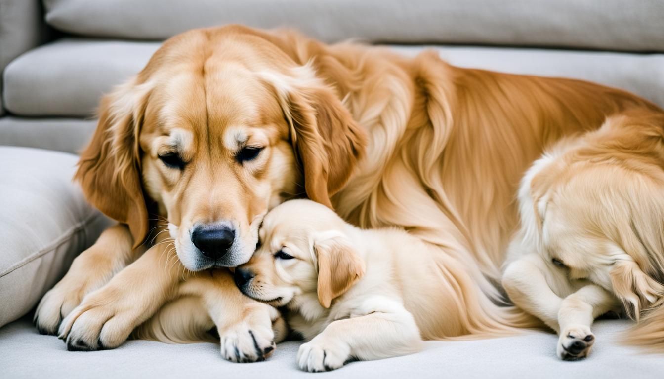 Golden Retriever Mom Snuggling Puppy