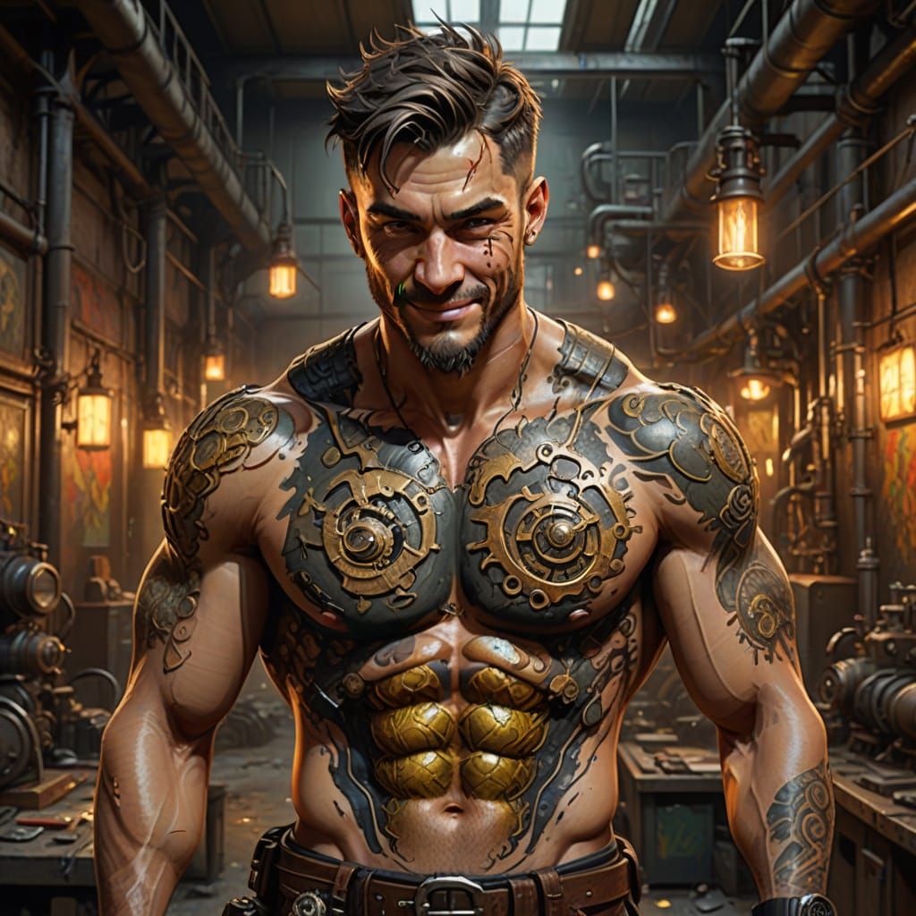 Steampunk Hero with Dragon Tattoo in Golden Light