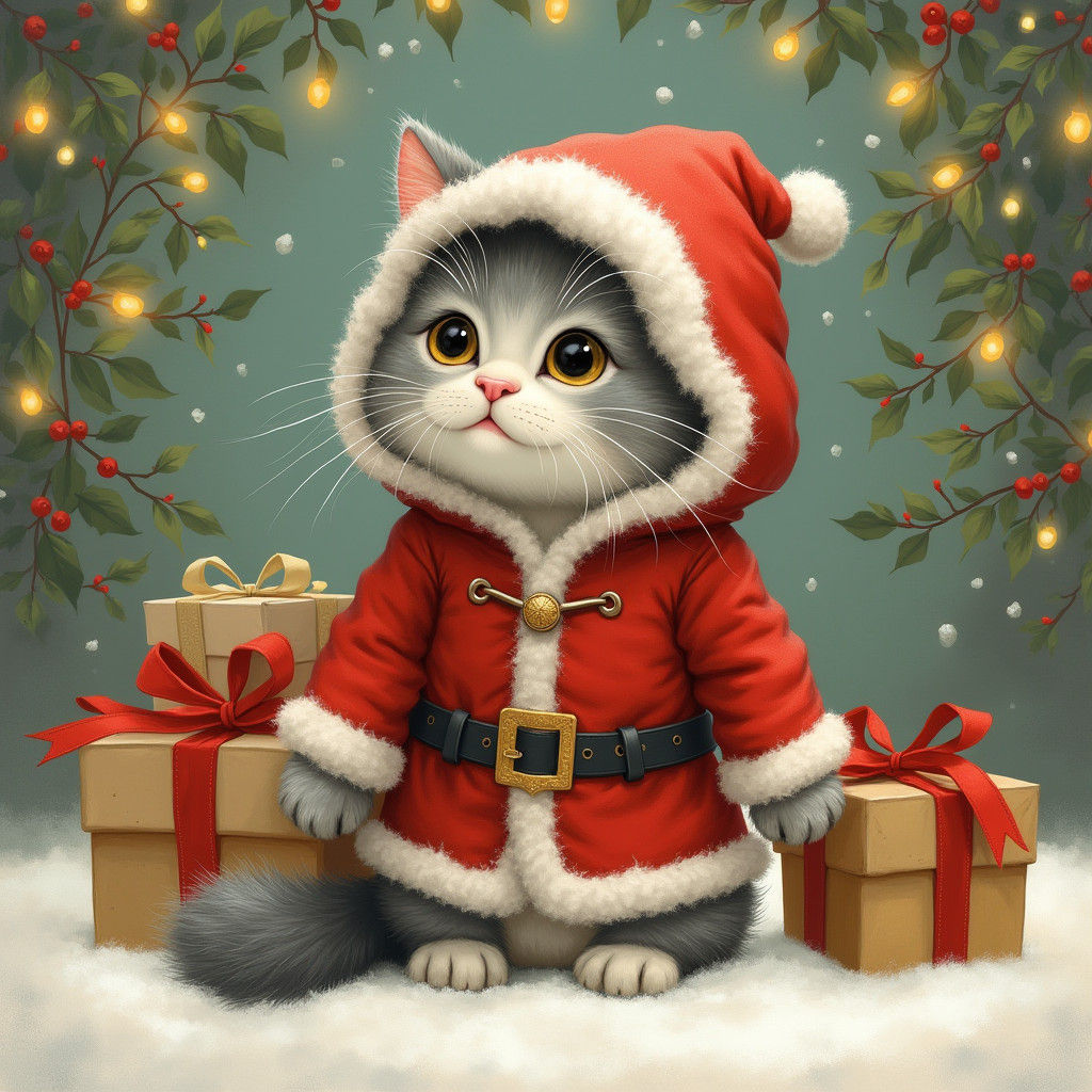 Cat in Santa Suit, Classic Illustration Style