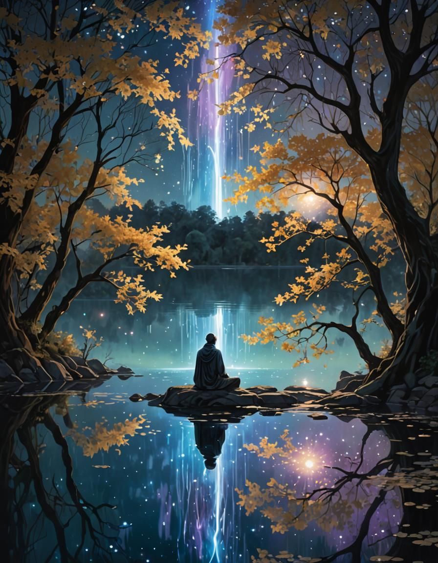 Ethereal Stardust Waterfall Over Serene Lake