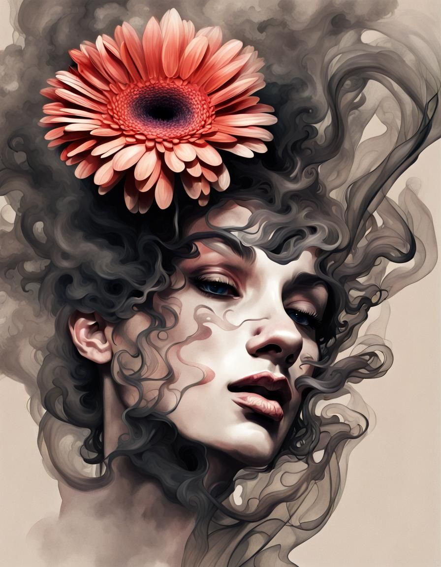 Smoldering Gerbera Ink Illustration in Chiaroscuro Style